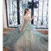 Chic / Beautiful Sage Green Cascading Ruffles Prom Dresses 2022 A-Line / Princess Organza Spaghetti Straps Lace Flower Sleeveless Backless Floor-Length / Long Prom Formal Dresses