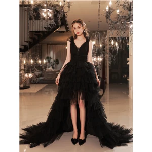 Sexy Svart Gripende Ruffles Asymmetrisk Cocktailkjoler Ballkjoler 2022 Prinsesse Spaghettistropper Uten Ermer Ryggløse Formelle Kjoler