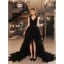 Sexy Black Cascading Ruffles Asymmetrical Cocktail Dresses Prom Dresses 2022 A-Line / Princess Spaghetti Straps Sleeveless Backless Formal Dresses