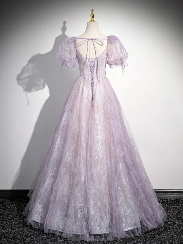 Elegant Lavender Beading Prom Dresses 2024 Ball Gown Square Neckline Puffy Short Sleeve Backless Bow Floor-Length / Long Prom Formal Dresses