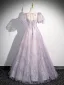Elegant Lavender Beading Prom Dresses 2024 Ball Gown Square Neckline Puffy Short Sleeve Backless Bow Floor-Length / Long Prom Formal Dresses