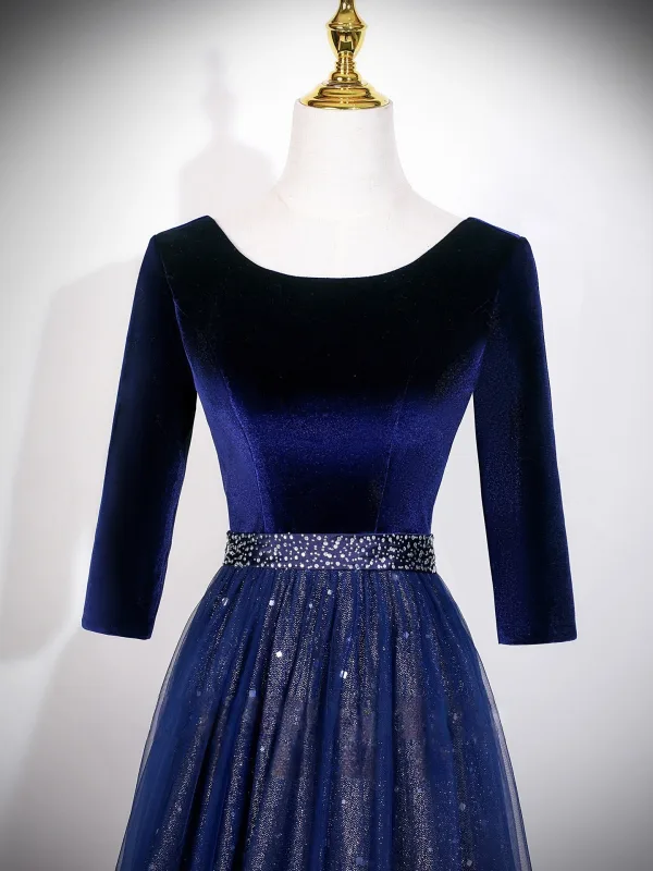 Vintage / Retro Ocean Blue Sequins Prom Dresses 2026 A-Line / Princess Square Neckline 3/4 Sleeve Backless Tulle