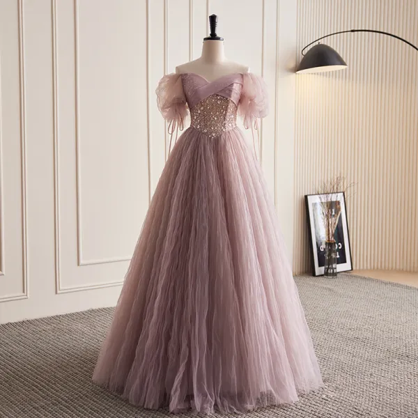 Charming Dusky Pink Glitter Beading Sequins Prom Dresses 2023 A-Line / Princess Off-The-Shoulder Short Sleeve Backless Floor-Length / Long Prom Formal Dresses
