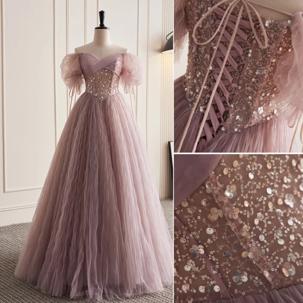 Charmant Dunkel Rosa Glanz Perlenstickerei Pailletten Ballkleider 2023 A Linie Off Shoulder Kurze Ärmel Rückenfreies Lange Ball Festliche Kleider