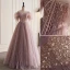 Charmant Dunkel Rosa Glanz Perlenstickerei Pailletten Ballkleider 2023 A Linie Off Shoulder Kurze Ärmel Rückenfreies Lange Ball Festliche Kleider