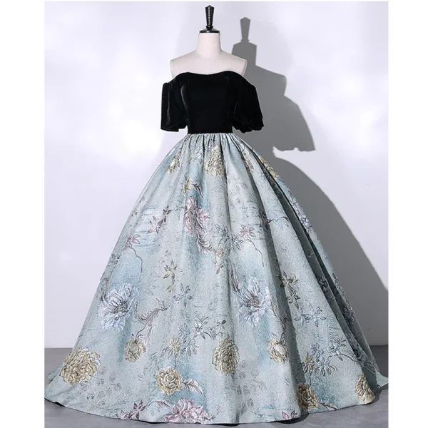 Elegant Sequins Flower Black Prom Dresses 2023 Ball Gown Off-The-Shoulder Short Sleeve Backless Floor-Length / Long Prom Formal Dresses