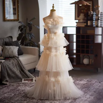 Charming Champagne Appliques Cascading Ruffles Wedding Dresses 2025 A Line Princess Strapless Sleeveless Backless Floor Length Long