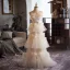 Charming Champagne Appliques Cascading Ruffles Wedding Dresses 2025 A-Line / Princess Strapless Sleeveless Backless Floor-Length / Long