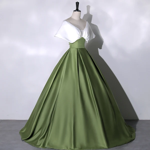 Élégant Vert Foncé Satin Robe De Bal 2023 Robe Boule V-Cou Manches Courtes Dos Nu Longue Promo Robe De Ceremonie