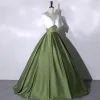 Elegant Dark Green Satin Prom Dresses 2023 Ball Gown V-Neck Short Sleeve Backless Floor-Length / Long Prom Formal Dresses