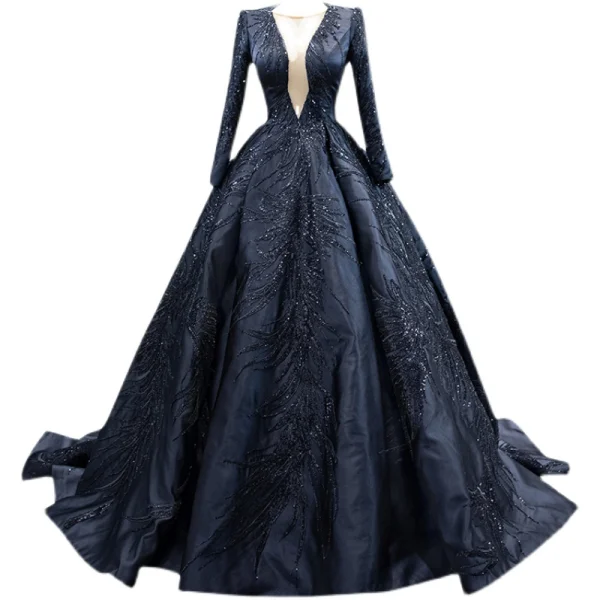 Vintage / Retro High-end Black Handmade  Beading Sequins Prom Dresses 2022 Ball Gown Scoop Neck Long Sleeve Sweep Train Formal Dresses
