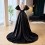 Vintage / Retro Black Satin Prom Dresses 2023 Ball Gown Scoop Neck Beading Pearl Puffy Short Sleeve Sweep Train Prom Formal Dresses