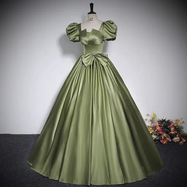 Vintage / Retro Clover Green Satin Prom Dresses 2023 Ball Gown Square Neckline Bow Short Sleeve Backless Floor-Length / Long Prom Formal Dresses