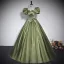 Vintage / Retro Clover Green Satin Prom Dresses 2023 Ball Gown Square Neckline Bow Short Sleeve Backless Floor-Length / Long Prom Formal Dresses
