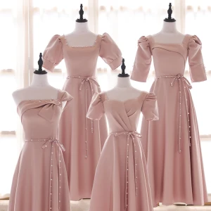 Modest Simple Blushing Pink Bridesmaid Dresses 2022 A Line Princess Square Neckline Pearl Bow Sash Short Sleeve Backless Floor Length Long Bridesmaid