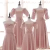 Modest / Simple Blushing Pink Bridesmaid Dresses 2022 A-Line / Princess Square Neckline Pearl Bow Sash Short Sleeve Backless Floor-Length / Long Bridesmaid