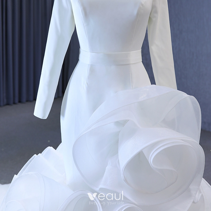 hautes et basses Robes de demoiselle d'honneur élégantes sirène volants manches longues crêpe extensible formelles