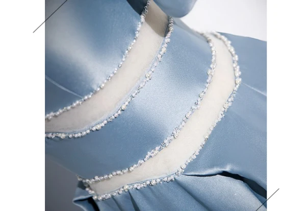 Chic / Beautiful Sky Blue Satin Pearl Prom Dresses 2023 A-Line / Princess Square Neckline Short Sleeve Backless Floor-Length / Long Formal Dresses