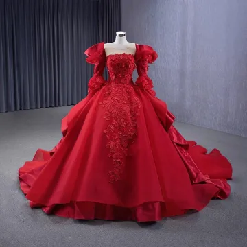 Vintage Retro High End Red Beading Lace Flower Appliques Cascading Ruffles Wedding Dresses 2024 Ball Gown Scoop Neck 3 4 Sleeve Backless Chapel Train