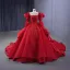 Vintage / Retro High-end Red Beading Lace Flower Appliques Cascading Ruffles Wedding Dresses 2024 Ball Gown Scoop Neck 3/4 Sleeve Backless Chapel Train