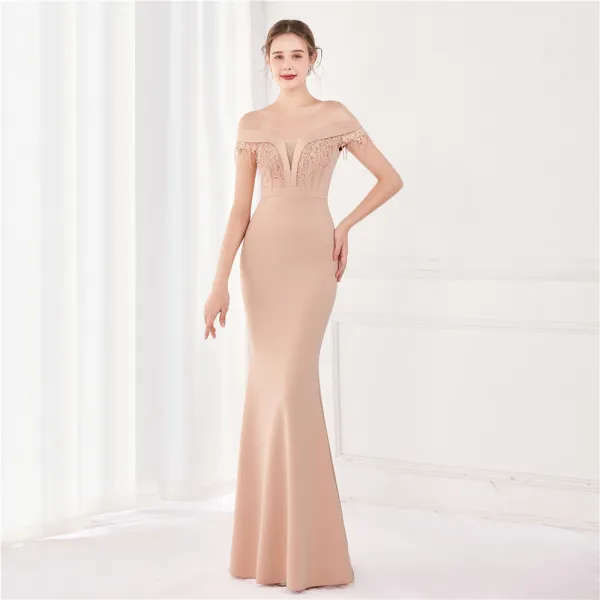 Sexy Black Satin Evening Dresses 2022 Trumpet / Mermaid Off-The-Shoulder Beading Tassel Sleeveless Backless Floor-Length / Long Evening Party Formal Dresses