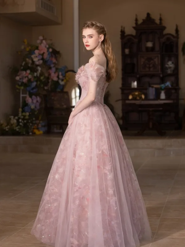 Chic / Beautiful Blushing Pink Appliques Prom Dresses 2025 A-Line / Princess Off-The-Shoulder Short Sleeve Backless Floor-Length / Long Formal Dresses