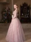 Chic / Beautiful Blushing Pink Appliques Prom Dresses 2025 A-Line / Princess Off-The-Shoulder Short Sleeve Backless Floor-Length / Long Formal Dresses