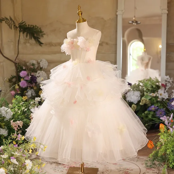 Lovely White Cascading Ruffles Appliques Birthday Flower Girl Dresses 2025 Ball Gown Scoop Neck Sleeveless Backless Floor-Length / Long