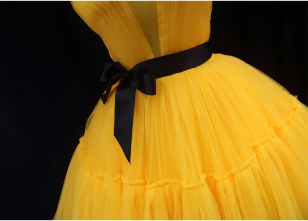Unusual Yellow Cascading Ruffles Prom Dresses 2024 Ball Gown Scoop Neck Sleeveless Backless Bow Sash Court Train Prom Formal Dresses