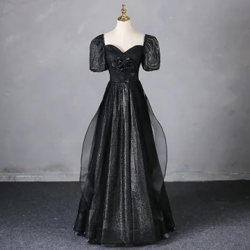 Elegant Black Appliques Glitter Prom Dresses 2024 A Line Princess Square Neckline Puffy Short Sleeve Backless Floor Length Long Prom Formal Dresses