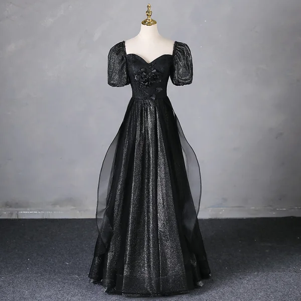 Elegant Black Appliques Glitter Prom Dresses 2024 A-Line / Princess Square Neckline Puffy Short Sleeve Backless Floor-Length / Long Prom Formal Dresses