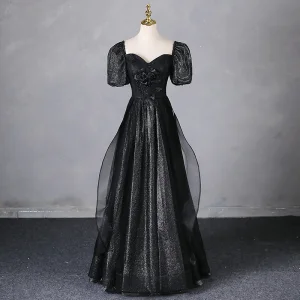 Elegantes Negro Apliques Glitter Vestidos De Gala 2024 A Line Princess Escote Cuadrado Hinchado Manga Corta Sin Espalda Largos Gala Vestidos Formales