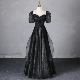 Elegant Black Appliques Glitter Prom Dresses 2024 A Line Princess Square Neckline Puffy Short Sleeve Backless Floor Length Long Prom Formal Dresses