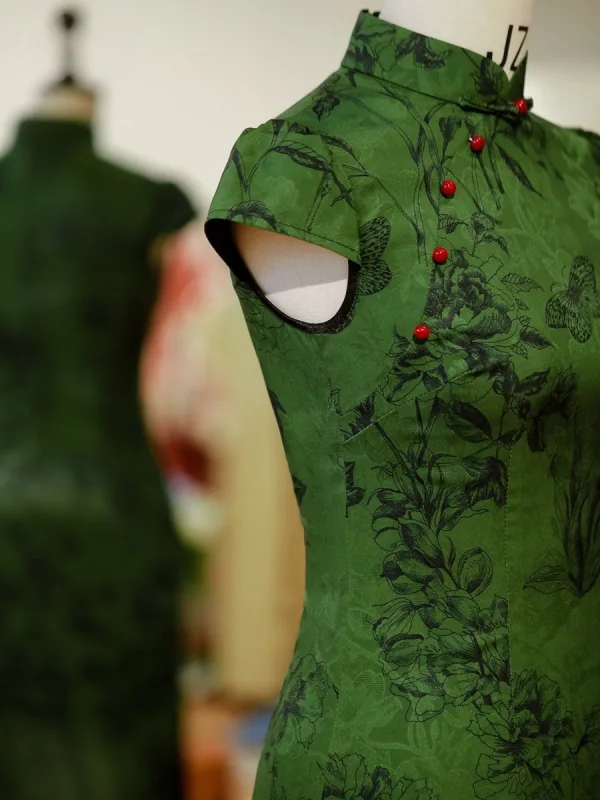 Chinese style Green Printing Split Front Tea-length Cheongsam 2026 Trumpet / Mermaid High Neck Cap Sleeves