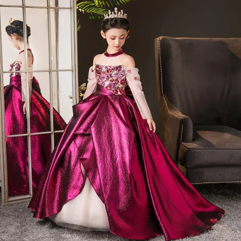 Schöne Fuchsie Pailletten Schleife Geburtstag Blumenmädchenkleider 2025 Ballkleid Stehkragen Sweep / Pinsel Zug Lange Ärmel