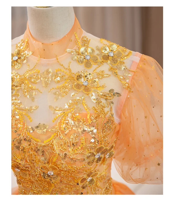 Elegant Orange Beading Sequins Prom Dresses 2024 Ball Gown High Neck Short Sleeve Backless Floor-Length / Long Prom Formal Dresses