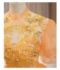 Elegant Orange Beading Sequins Prom Dresses 2024 Ball Gown High Neck Short Sleeve Backless Floor-Length / Long Prom Formal Dresses