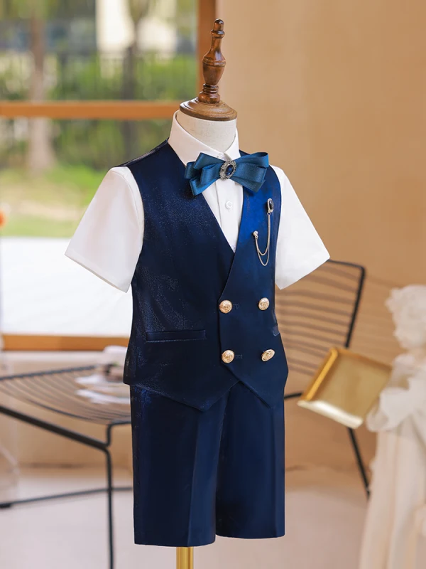 Navy Blue Suede 5-piece Short Sleeve Boys Wedding Suits 2022 Body Jewellery Pants Shirt Tie Vest Bow Wedding