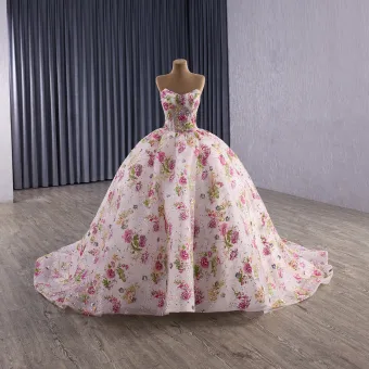 High End Flower Fairy Fuchsia Handmade Sequins Lace Flower Floral Prom Dresses 2025 Ball Gown Strapless Sleeveless Backless Court Train