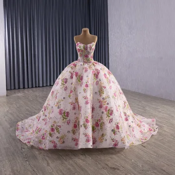 High End Flower Fairy Fuchsia Handmade Sequins Lace Flower Floral Prom Dresses 2025 Ball Gown Strapless Sleeveless Backless Court Train