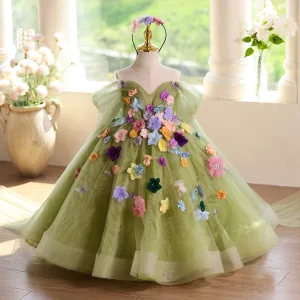 Fée Des Fleurs Vert Cendré Multi Couleurs Appliques Anniversaire Robe Ceremonie Fille 2025 Robe Boule De L Épaule Manches Courtes Dos Nu Longue