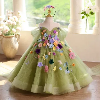Fée Des Fleurs Vert Cendré Multi Couleurs Appliques Anniversaire Robe Ceremonie Fille 2025 Robe Boule De L Épaule Manches Courtes Dos Nu Longue