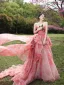 Flower Fairy Candy Pink Floral Appliques Prom Dresses 2025 Ball Gown Strapless Sleeveless Backless Sweep Train Formal Dresses