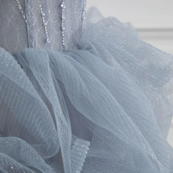 Charmant Himmelblau Perlenstickerei Perle Pailletten Ballkleider 2022 Ballkleid Eckiger Ausschnitt Geschwollenes Kurze Ärmel Rückenfreies Lange Festliche Kleider