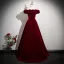 Vintage / Retro Burgundy Velvet Prom Dresses 2025 Ball Gown Ruffle Off-The-Shoulder Short Sleeve Backless Floor-Length / Long Formal Dresses