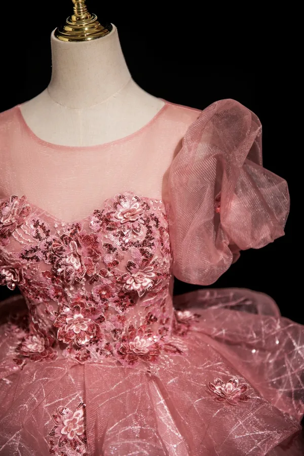 Elegant Blushing Pink Sequins Lace Flower Prom Dresses 2025 Ball Gown Scoop Neck Short Sleeve Backless Floor-Length / Long Prom Formal Dresses