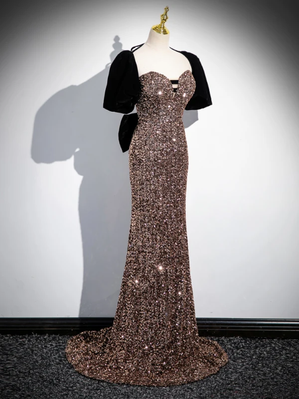 Scintillantes Noire Perlage Paillettes Robe De Soirée 2024 Trompette / Sirène Bustier Manches Courtes Dos Nu Noeud Train De Balayage Soirée Robe De Ceremonie