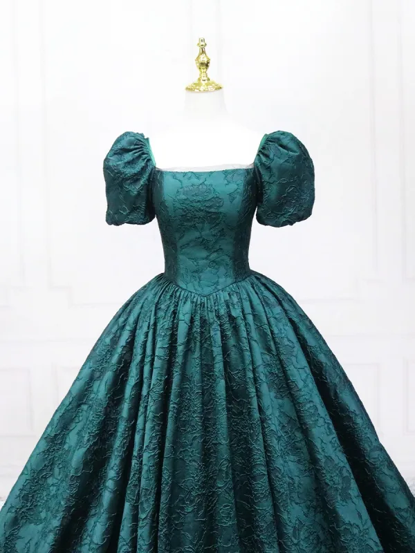 Vintage / Retro Dark Green Printing Prom Dresses 2025 Ball Gown Square Neckline Puffy Short Sleeve Backless Floor-Length / Long Prom Formal Dresses