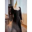Elegant Black Winter Lace Prom Dresses 2024 A-Line / Princess Square Neckline Rhinestone Long Sleeve Backless Floor-Length / Long Prom Formal Dresses