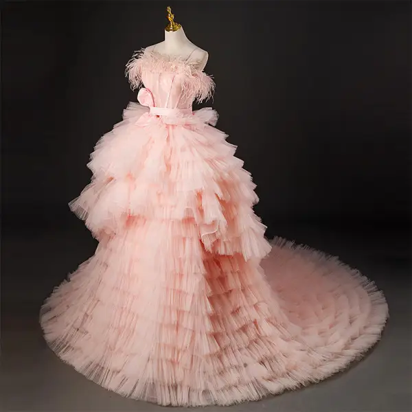 Charmant Pink Fallende Rüsche Durchbohrt Ballkleider 2022 Ballkleid Spaghettiträger Quaste Ärmellos Rückenfreies Schleife Stoffgürtel Hof-Schleppe Ball Festliche Kleider